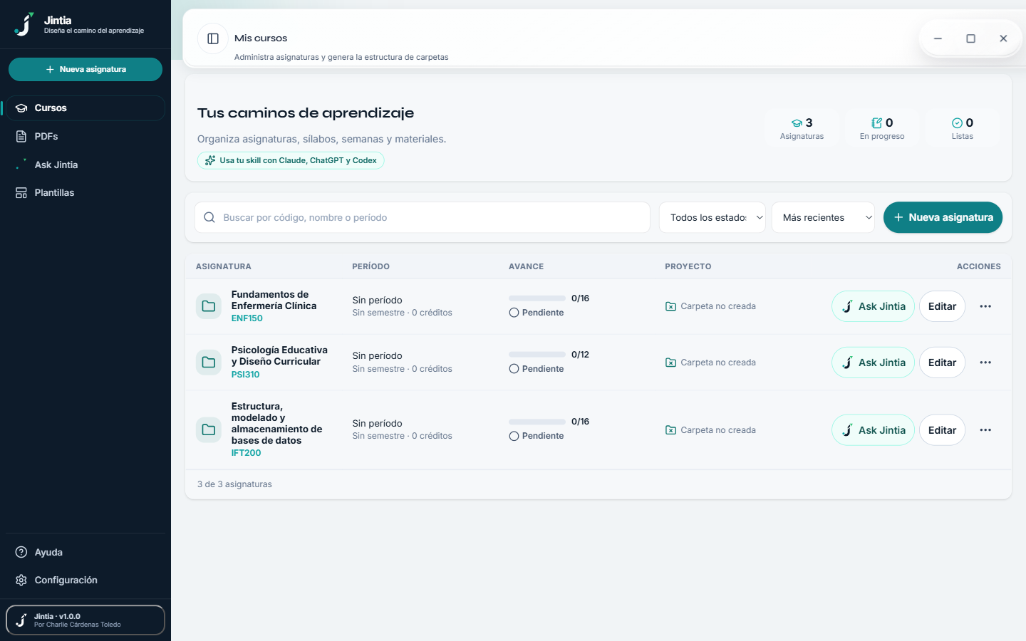 Panel de asignaturas de Jintia Desktop, con avance por semana, período y proyecto vinculado